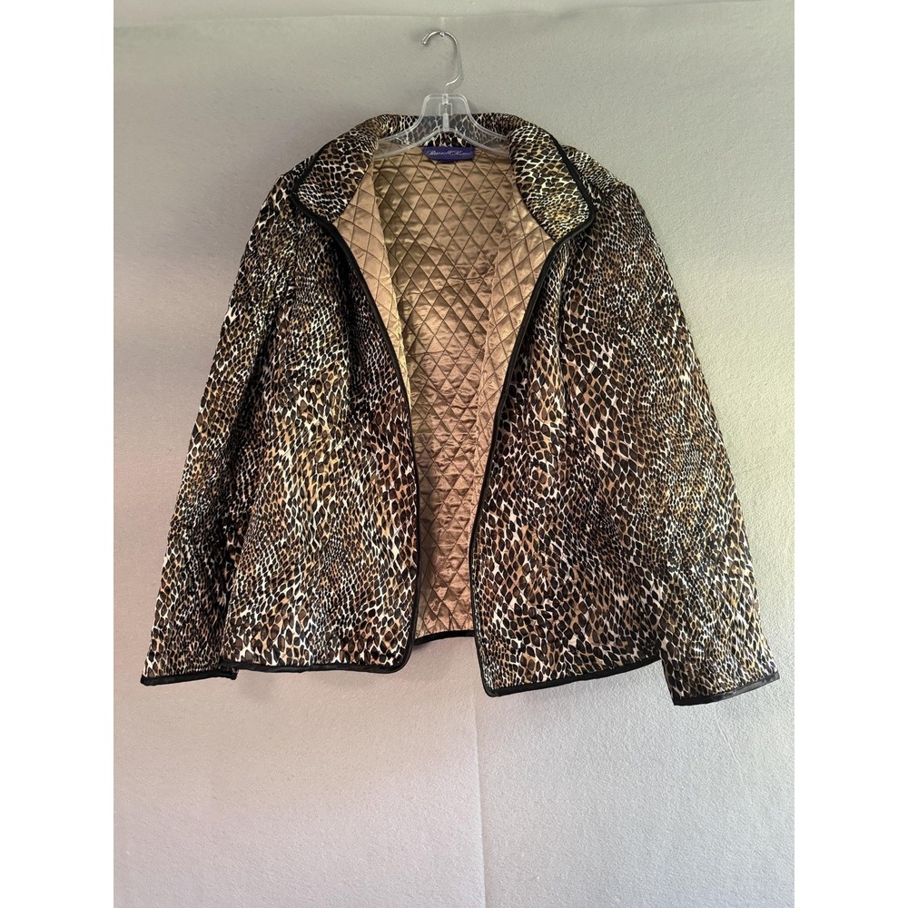 Russell Kemp Jacket Womens Large Brown Satin Quilted Animal Print Lined Collared